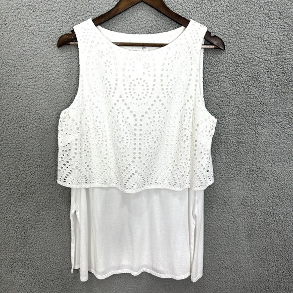 J. Jill Tops - J Jill Tank Top Womens M White Eyelet Crochet Overlay Boho Cottagecore Preppy